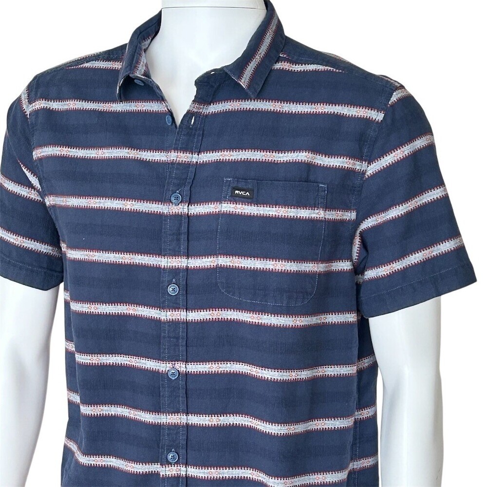 RVCA Button-Up Shirt Men's Size M Navy Blue Striped Short Sleeve Casual - Picture 7 of 9
